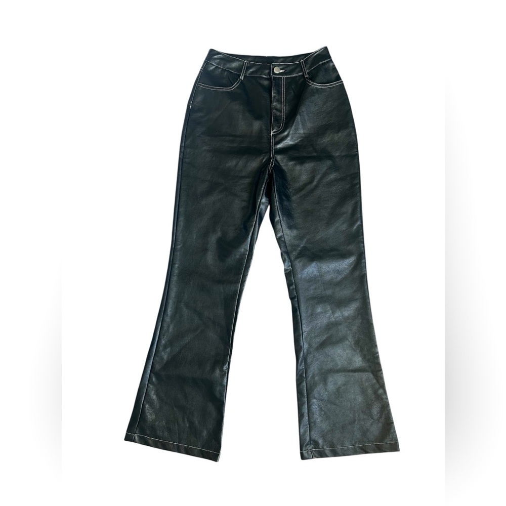 LE LIS Vegan Leather Black Bootcut Pants with White Stitching Size small